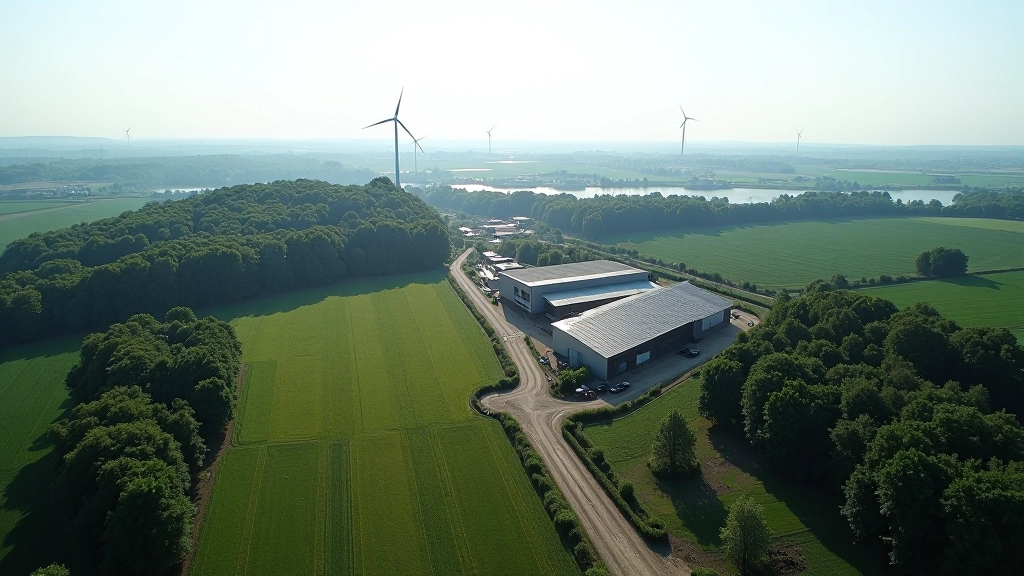 Luftaufnahme einer ehemaligen Kohlemine mit angrenzenden grünen Energieprojekten und modernen Infrastrukturen