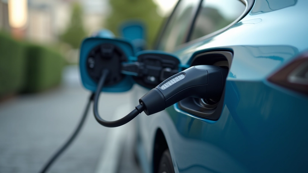 Modernes Elektroauto an Ladestation, Nahaufnahme des Ladesteckers