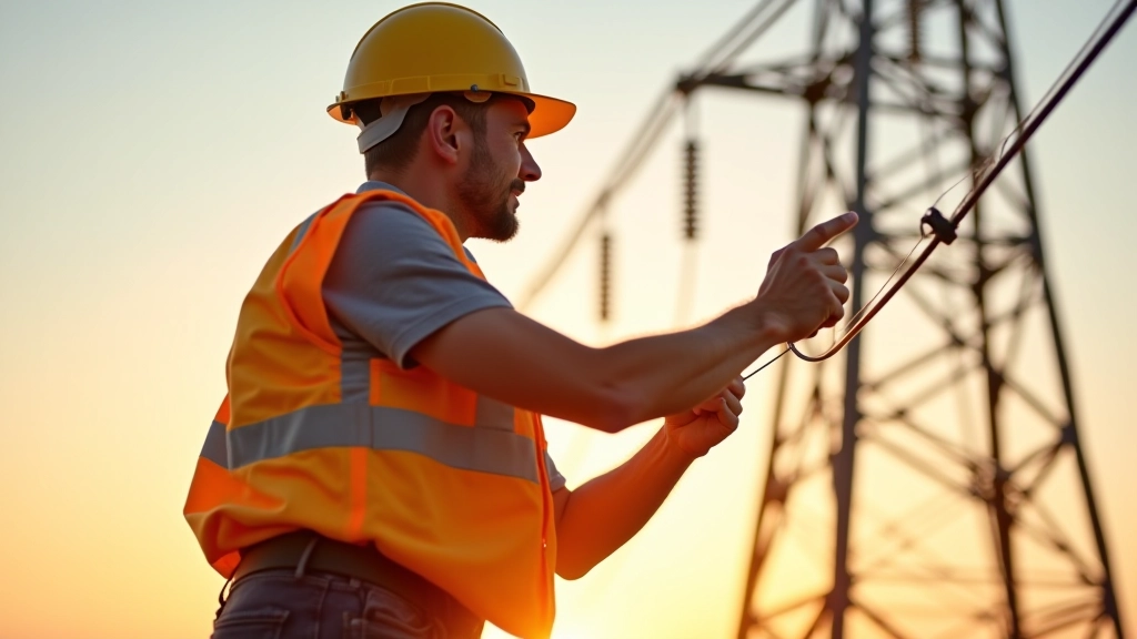Techniker inspiziert Hochspannungsleitungen auf Stahlmast bei Sonnenuntergang