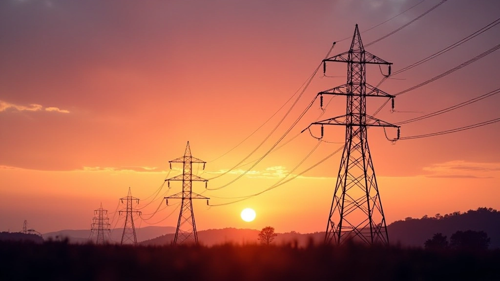 Strommast und Hochspannungsleitungen bei Sonnenuntergang