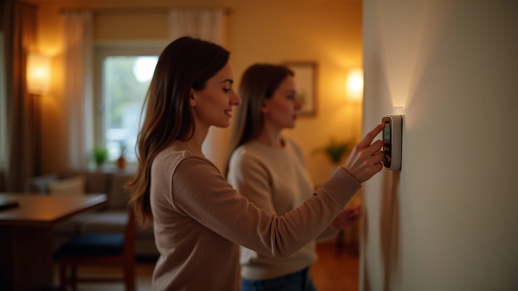 Familie sitzt im Wohnzimmer, Heizungsthermostat sichtbar an der Wand, warmes Licht