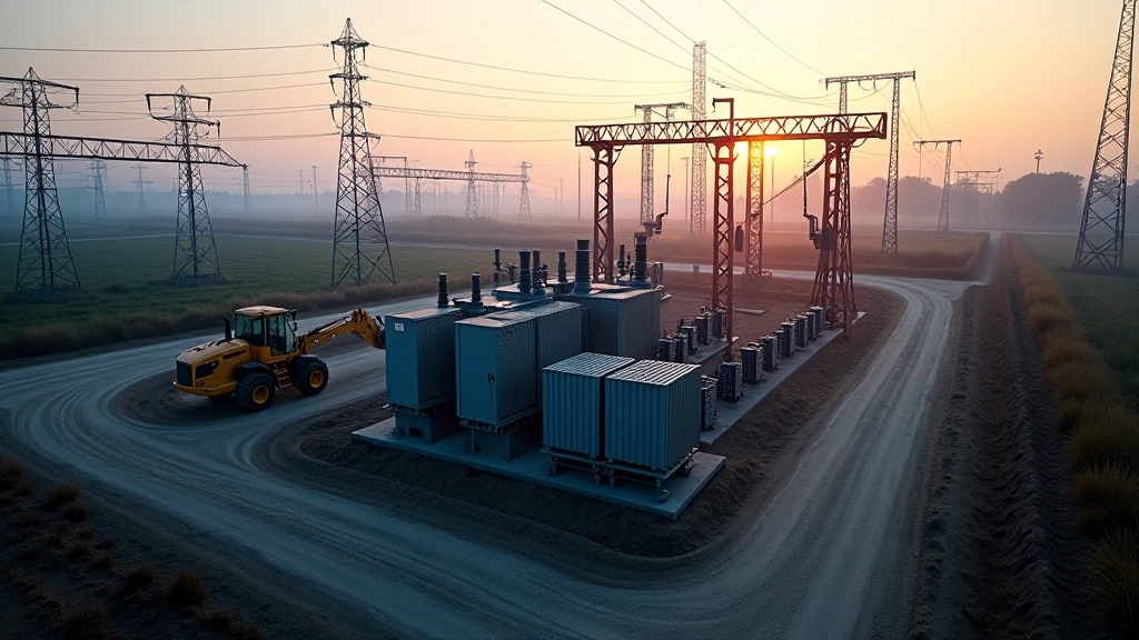 Baustelle mit modernem Umspannwerk-Transformator und Hochspannungsleitungen bei Dämmerung