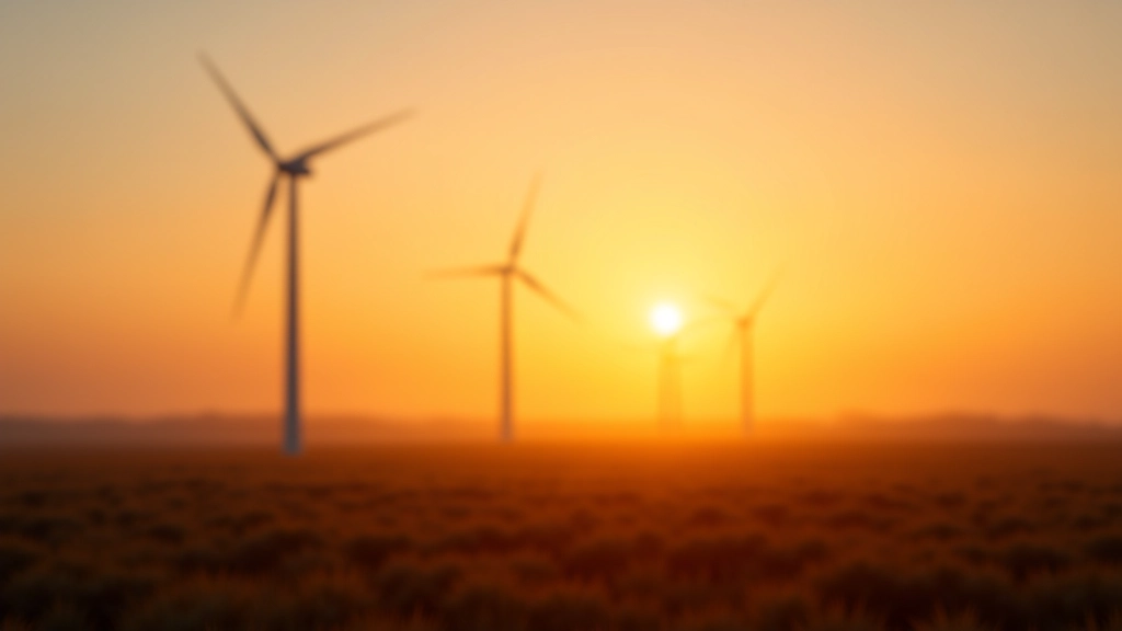Windkraftanlage bei Sonnenaufgang in ländlicher Landschaft, Draufsicht von Feld