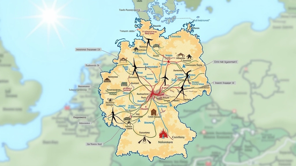 Geografische Karte Deutschlands mit Stromnetzleitungen und Windkraftanlagen im Norden