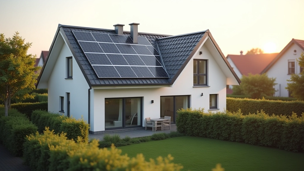 Solaranlage auf Wohngebäude mit Familie davor