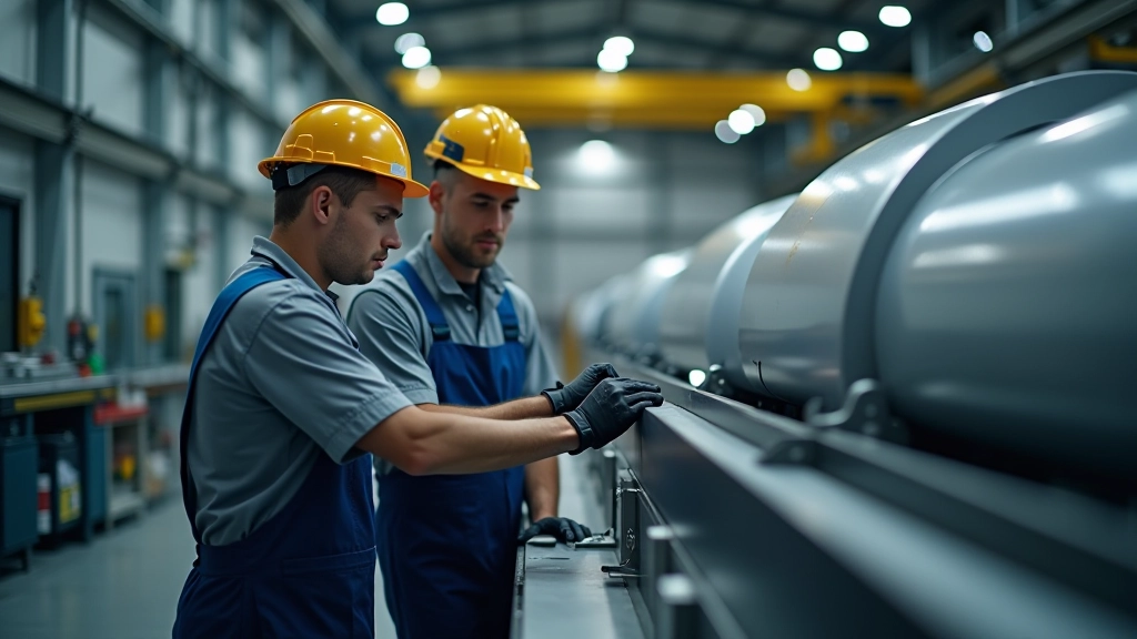 Fachkräfte in moderner Werkstatt bei der Montage von Windkraftkomponenten und erneuerbaren Energiesystemen