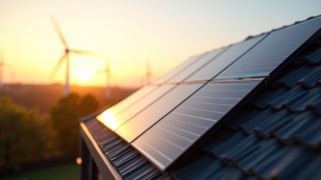 Solarmodule auf einem Dach mit Windkraftanlagen im Hintergrund bei Sonnenuntergang
