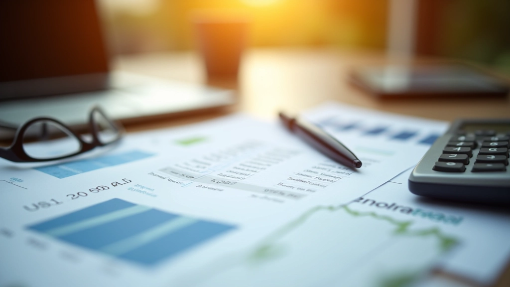 Stromrechnung und Kalkulator auf Schreibtisch mit Diagrammen und Finanzunterlagen